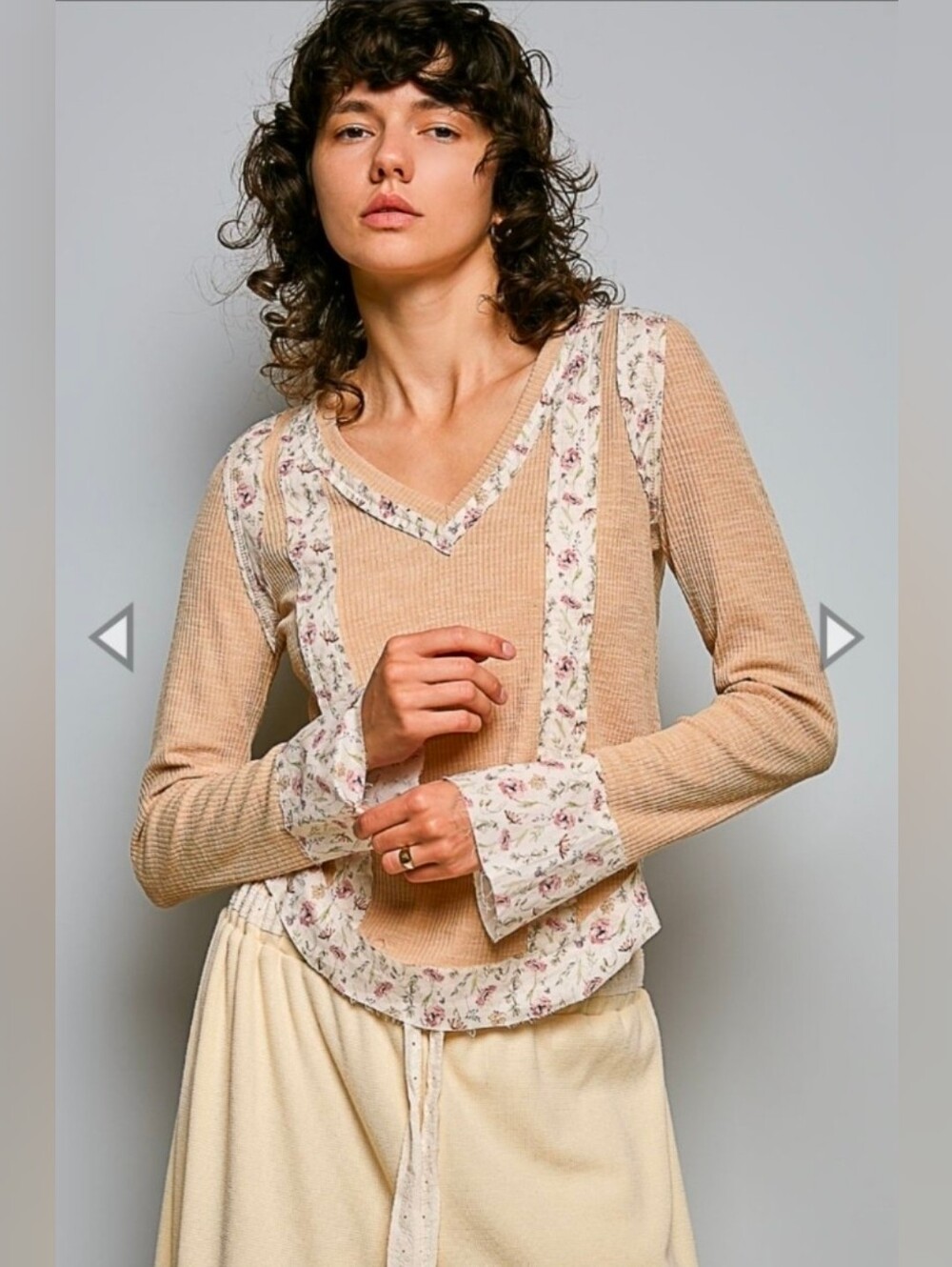 NEW!! POL Women's Beige Floral-Trim Long Sleeve Top, NWT